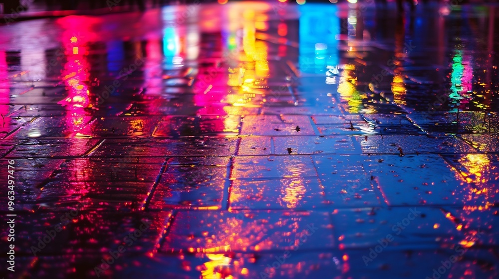 Obraz premium Colorful City Lights Reflected in Wet Pavement