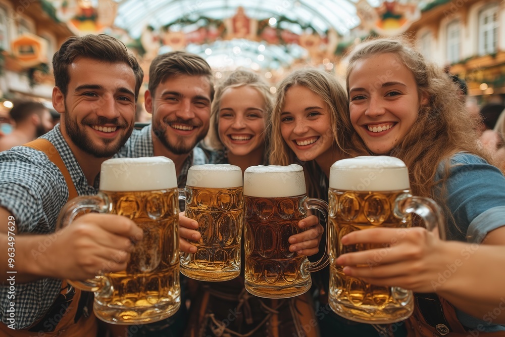 Cheers with friends at vibrant Oktoberfest celebration Cheers with friends at vibrant Oktoberfest celebration