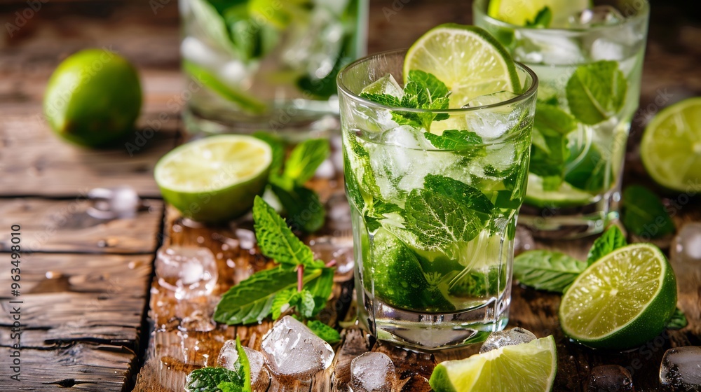 Refreshing Mojito Cocktails with Lime and Mint on Rustic Wooden Table Refreshing Mojito Cocktails with Lime and Mint on Rustic Wooden Table