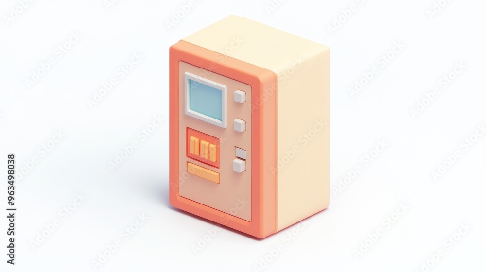 A stylized vending machine with buttons and a screen for dispensing snacks or drinks. A stylized vending machine with buttons and a screen for dispensing snacks or drinks.