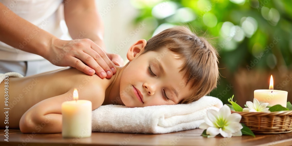 Happy little boy is receiving a soothing back massage on a massage table, surrounded by candles and flowers in the foreground. Spa. Happy little boy is receiving a soothing back massage on a massage table, surrounded by candles and flowers in the foreground. Spa.