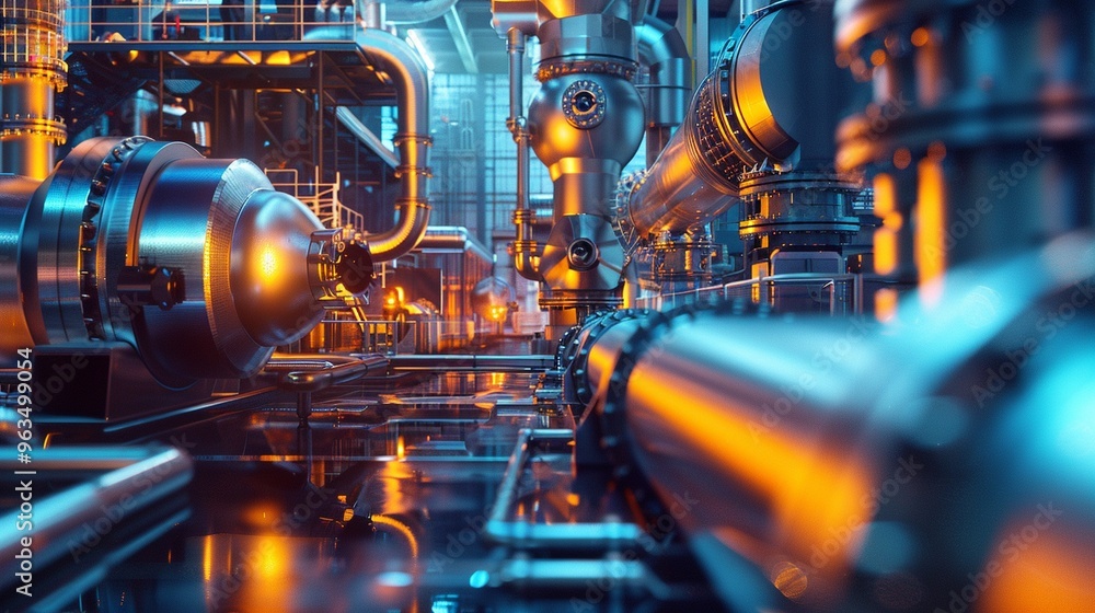 Advanced industrial facility with intricate pipe systems and vibrant lighting. Advanced industrial facility with intricate pipe systems and vibrant lighting.