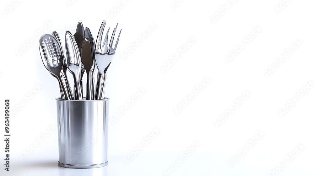 Stainless Steel Utensil Holder with Silverware on White Background Stainless Steel Utensil Holder with Silverware on White Background