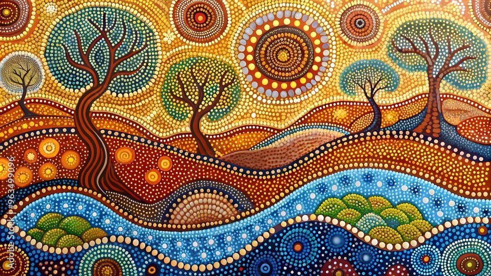 Australian Aboriginal dot painting art dreaming of a landscape. abstract Modern Aboriginal dot painting background Australian Aboriginal dot painting art dreaming of a landscape. abstract Modern Aboriginal dot painting background