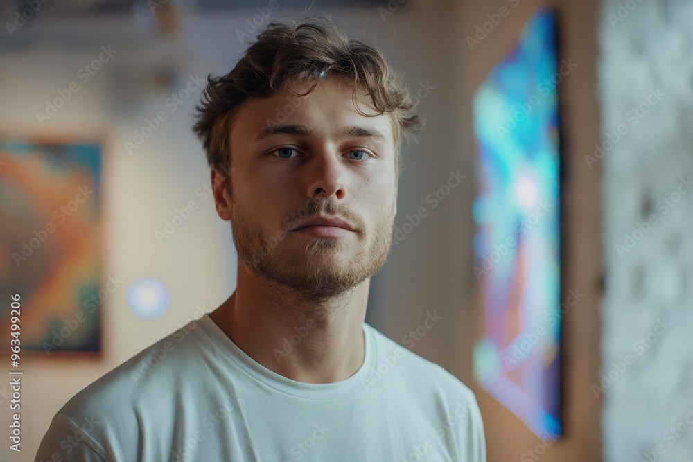 Obraz premium Young man with European features posing in an art gallery during daylight, showcasing contemporary artwork on display
