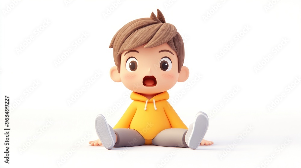 A surprised cartoon boy sitting on the floor, wearing a yellow hoodie and gray pants. A surprised cartoon boy sitting on the floor, wearing a yellow hoodie and gray pants.