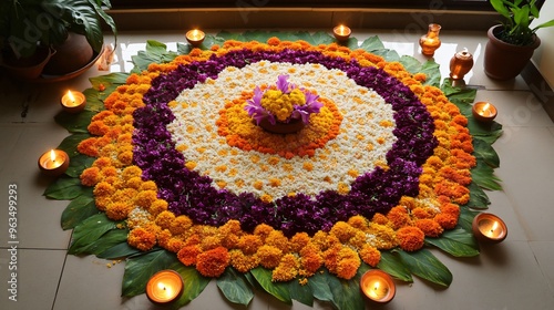 Floral rangoli made with real marigold petals, purple orchids, and green leaves, surrounded by earthen lamps for Diwali photo