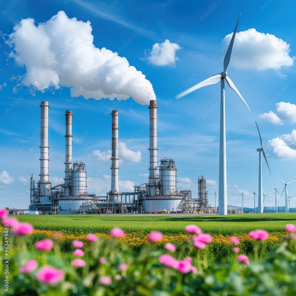 Obraz premium A vibrant view of an industrial landscape featuring wind turbines and a power plant under a clear blue sky with blooming flowers.