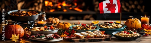 A cozy Thanksgiving feast with traditional dishes, pumpkins, and a Canadian flag, set against a warm fireplace backdrop.