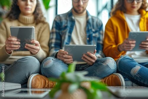 Team members engaged in online collaboration, using tablets and phones in a modern workspace filled with plants