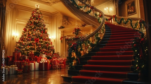 Christmas Tree and Grand Staircase in a Luxurious Mansion