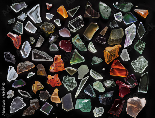  Assorted Glass Fragments in Various Shapes and Colors on Black