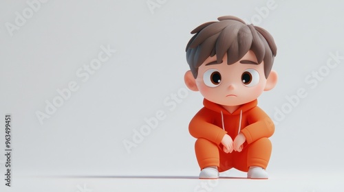 A stylized, sad-looking cartoon boy in an orange hoodie, squatting on a plain background.