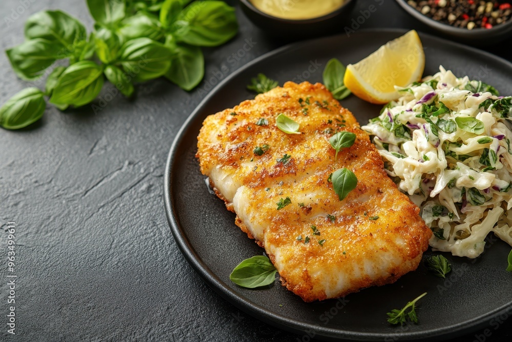 Crispy buttermilk fried catfish with coleslaw, placed on the right side of a dark stone table, professional overhead shot. Crispy buttermilk fried catfish with coleslaw, placed on the right side of a dark stone table, professional overhead shot.
