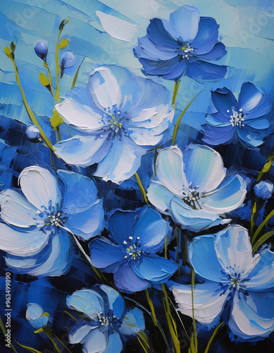 Abstract blue spring or summer flowers, canvas oil painting. Beautiful floral bouquet, summer nature