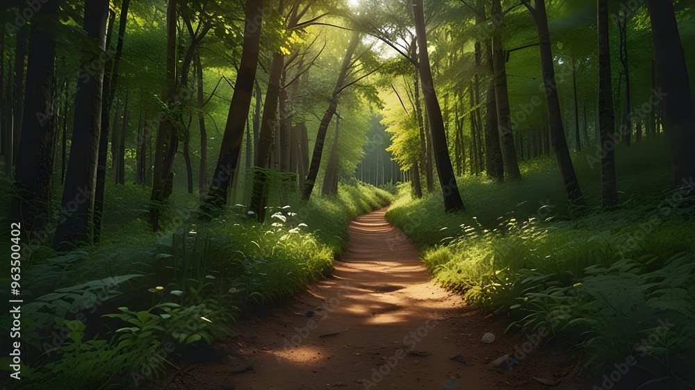 Beautiful background of the natural park with narrow trail in summer. Generative AI Beautiful background of the natural park with narrow trail in summer. Generative AI