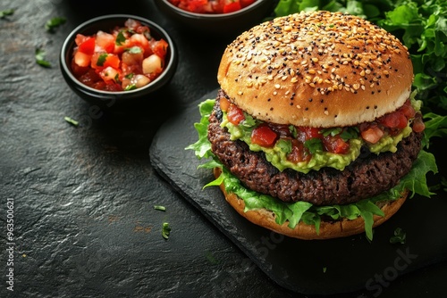 Spicy black bean burger without top bun, garnished with fresh salsa, lettuce, and guacamole, placed on the right side of a dark stone table, professional overhead shot.