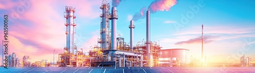 A vibrant industrial scene showcasing oil refinery structures against a colorful sunset sky with billowing smoke. photo