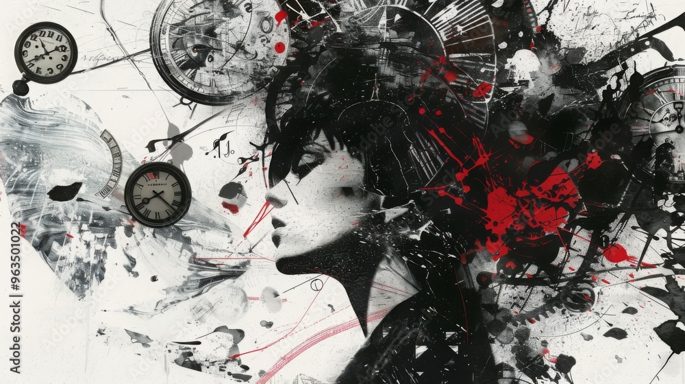 Fototapeta premium Abstract Art Clocks Face Black White Red