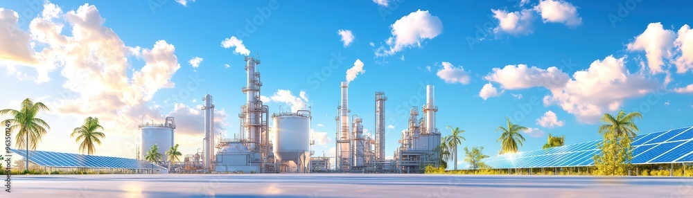 Obraz premium A vibrant industrial landscape featuring advanced facilities, palm trees, and clear skies, symbolizing innovation and sustainability.