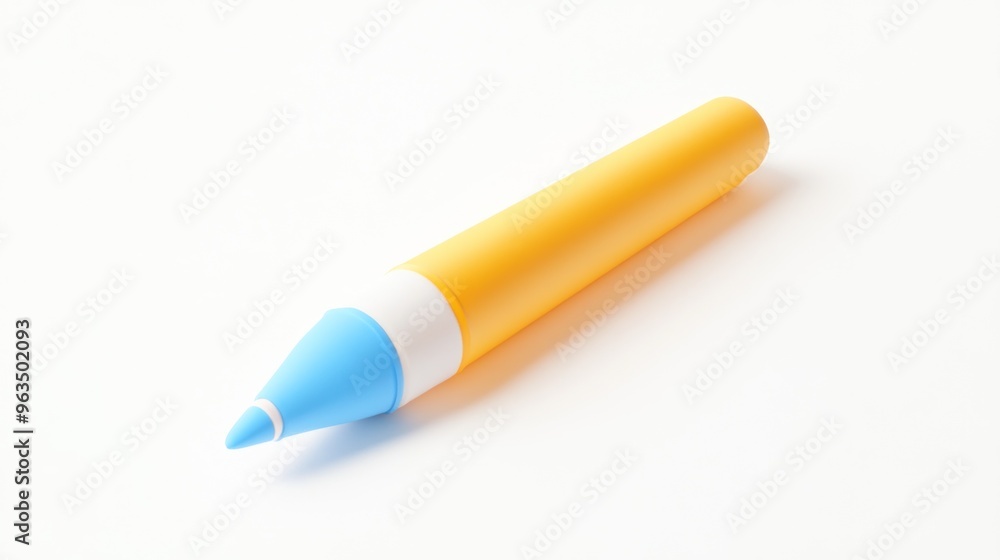 A yellow and blue marker lying on a white surface, designed for writing or drawing. A yellow and blue marker lying on a white surface, designed for writing or drawing.
