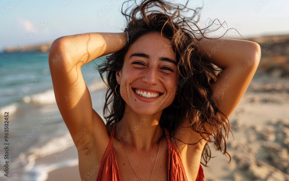 Smiling Woman at the Beach Embracing Freedom and Nature Smiling Woman at the Beach Embracing Freedom and Nature