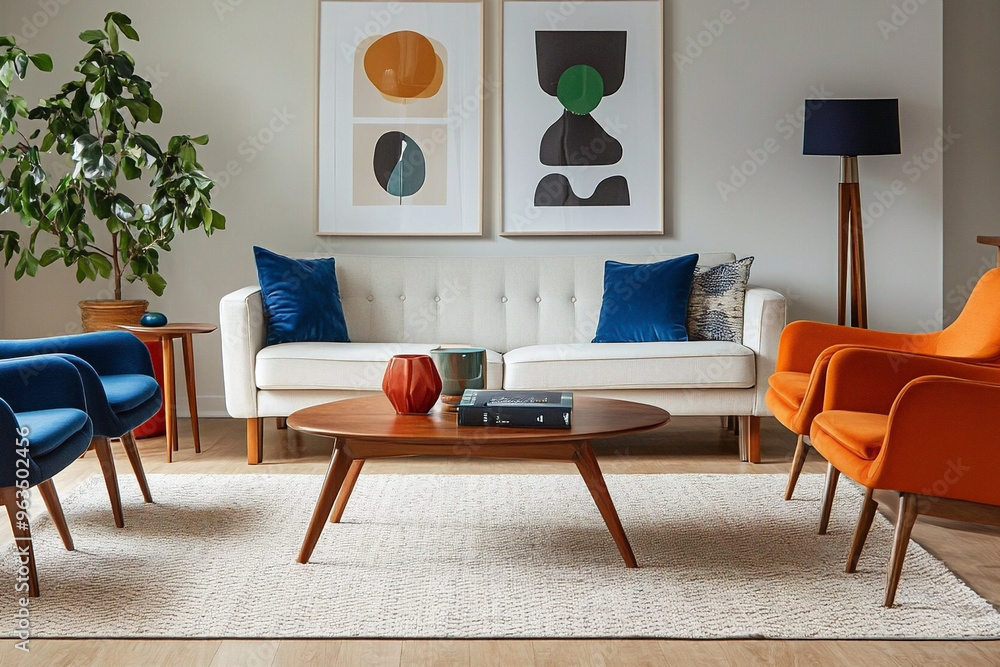 Fototapeta premium Minimalist, a photo of a mid-century modern interior in a living room with white walls hanging with art frames and a sofa and armchair. Generative AI 