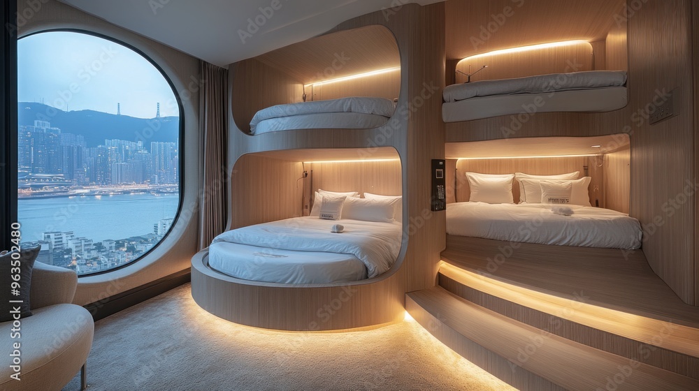 Fototapeta premium Modern Hotel Room with Panoramic City View