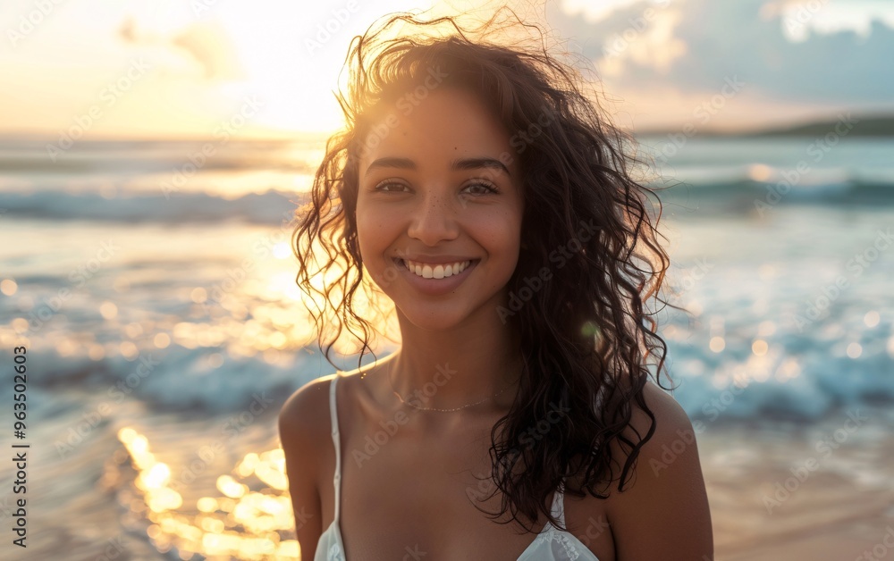 Smiling Woman at the Beach Embracing Freedom and Nature Smiling Woman at the Beach Embracing Freedom and Nature
