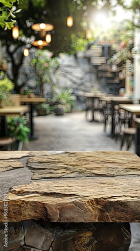 Stone table top and blurred restaurant interior background with vintage filter for product display or montage