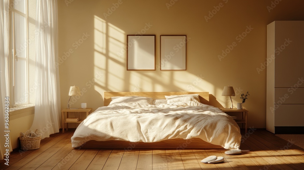 Fototapeta premium Minimalist Bedroom with Sunlit Bed