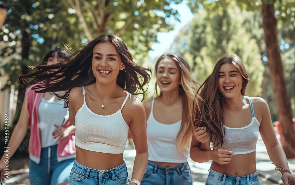 Three College Student female friends smiling running Three College Student female friends smiling running