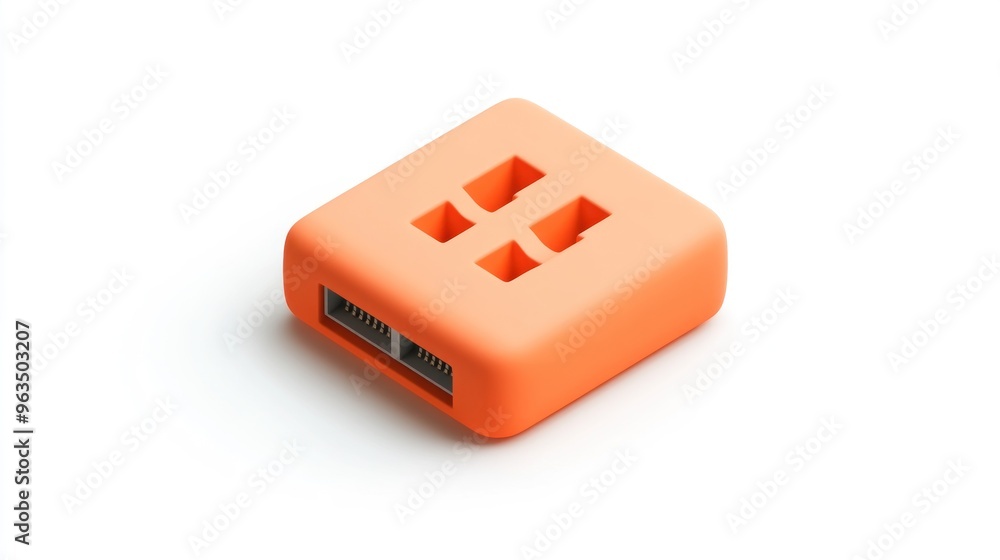 An orange square device with cutouts, likely a tech accessory or connector. An orange square device with cutouts, likely a tech accessory or connector.