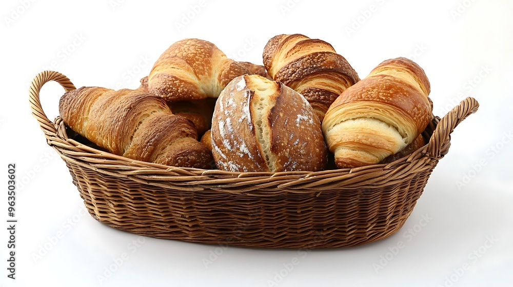 Freshly Baked Croissants and Bread in a Wicker Basket Freshly Baked Croissants and Bread in a Wicker Basket