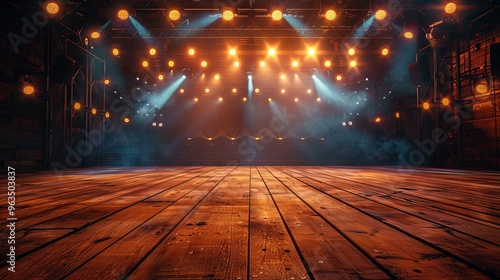 Spotlight illuminating concert stage with dark background and wooden floor