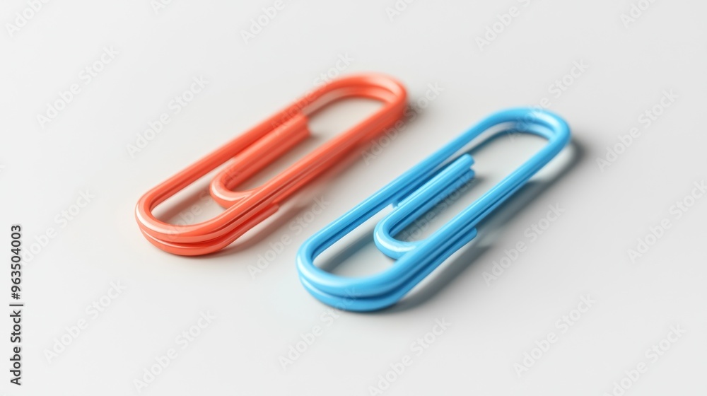 Two paper clips in red and blue colors on a light background. Two paper clips in red and blue colors on a light background.