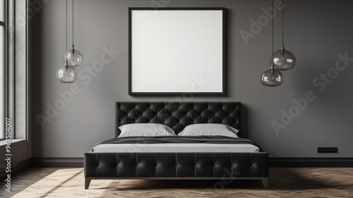 Modern Bedroom Interior with Black Leather Bed and Pendant Lights