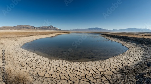 Empty reservoir with dried-up shorelines and distant mountains, symbolizing water scarcity with large areas for text overlay. photo