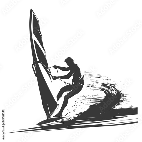 Silhouette of a Windsurfer Riding a Wave