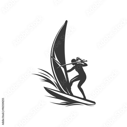 Silhouette of a Windsurfer Riding a Wave