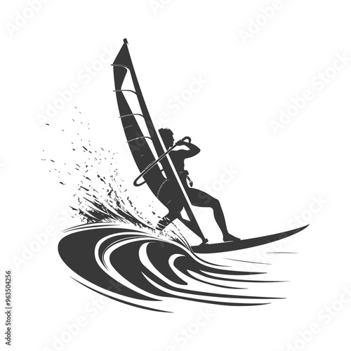 Silhouette of a Windsurfer Riding a Wave