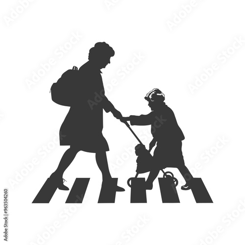 Silhouette of a woman and child crossing a crosswalk