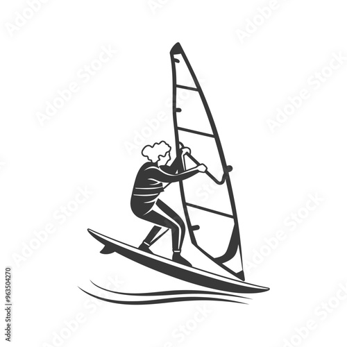 Silhouette of a Windsurfer Sailing on Waves