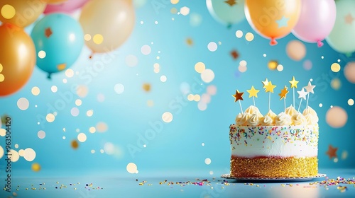 Goldglittered birthday cake with colorful balloons and shimmering stars, vibrant celebration background