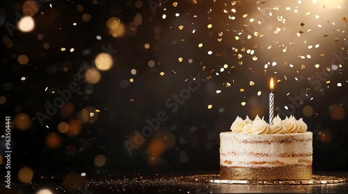 Luxurious birthday cake with gold and silver glitter, rich dark background with metallic confetti falling