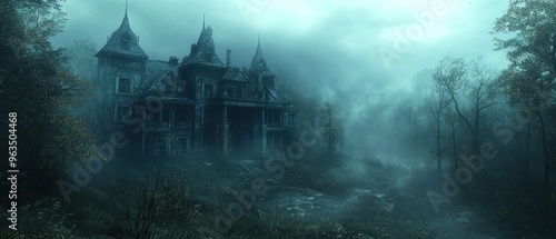 A Haunting Old Manor House Amidst Foggy Woods