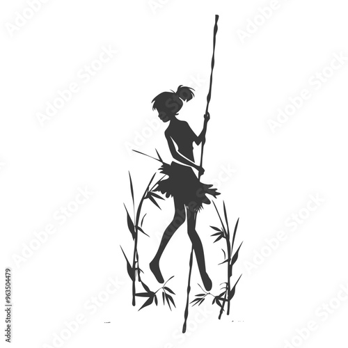 Silhouette of a woman holding a stick with bamboo behind her