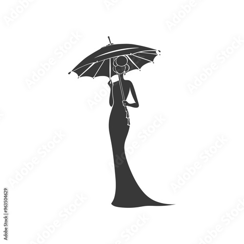 Silhouette of a Woman in a Dress Holding an Umbrella