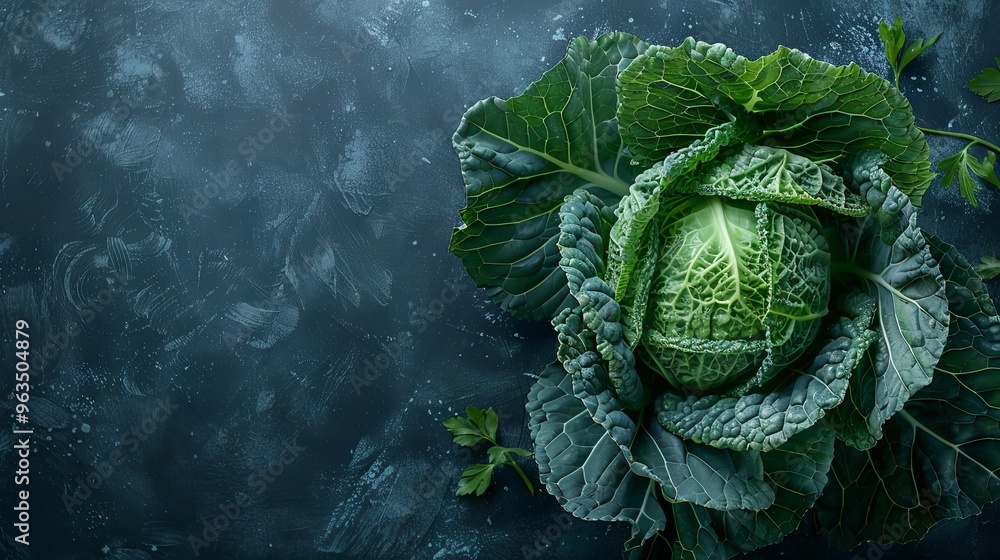 Fototapeta premium Top view of fresh green cabbage on dark background selective focus