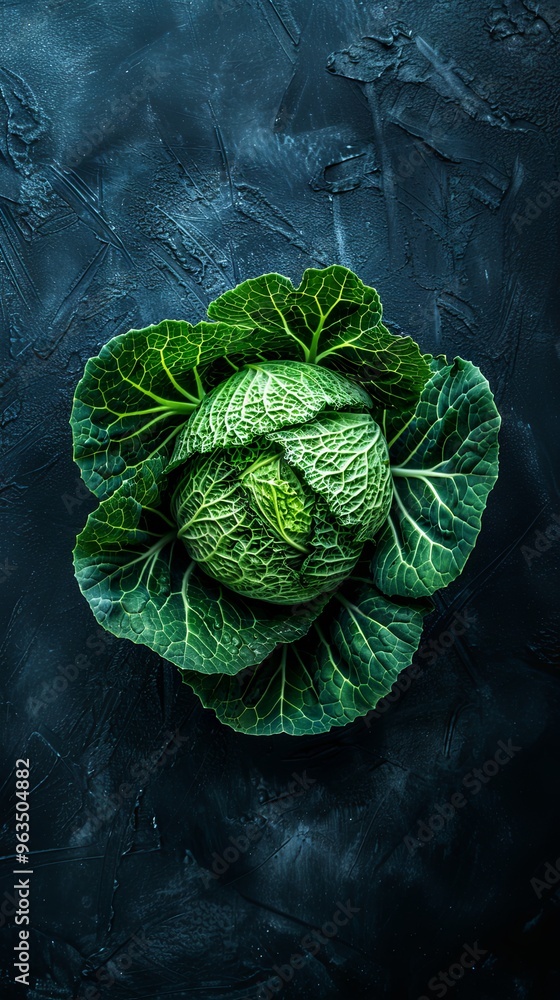 Fototapeta premium Top view of fresh green cabbage on dark background selective focus